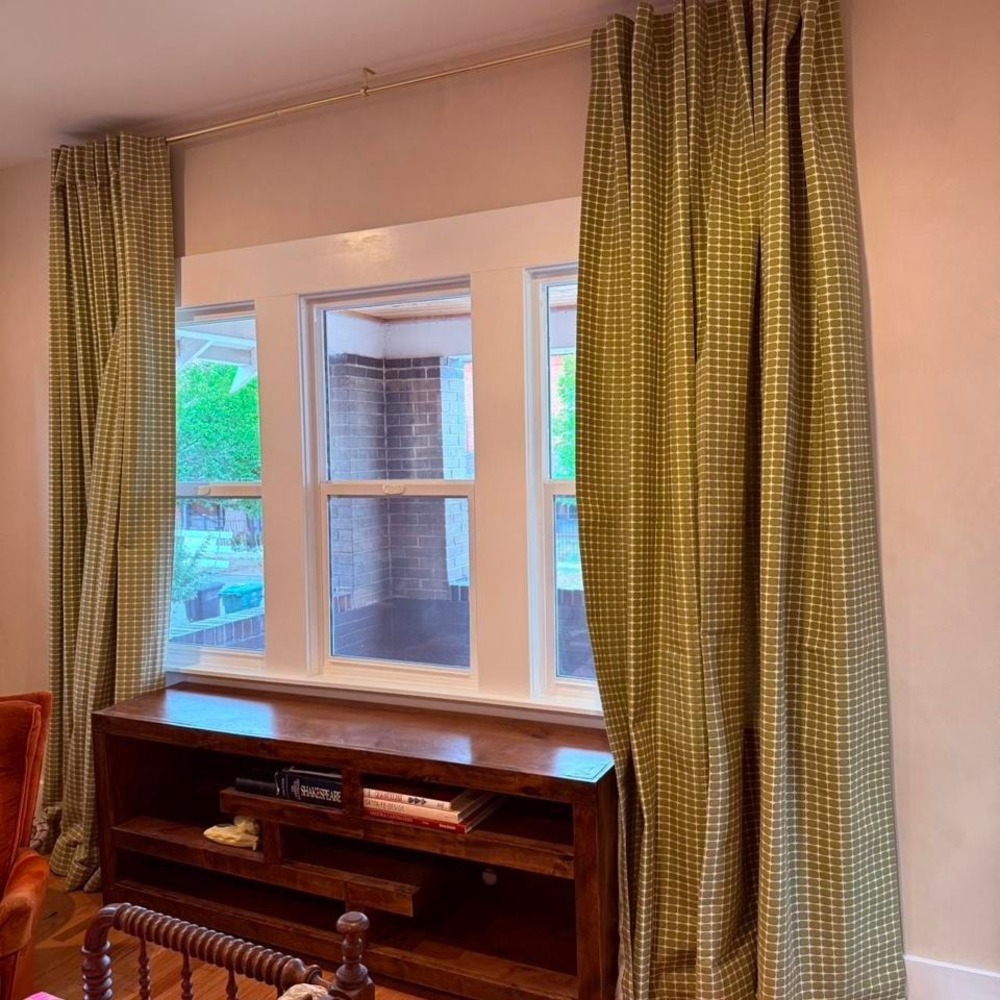 Pair of Custom Green and White Cotton Curtains with Retro Design
